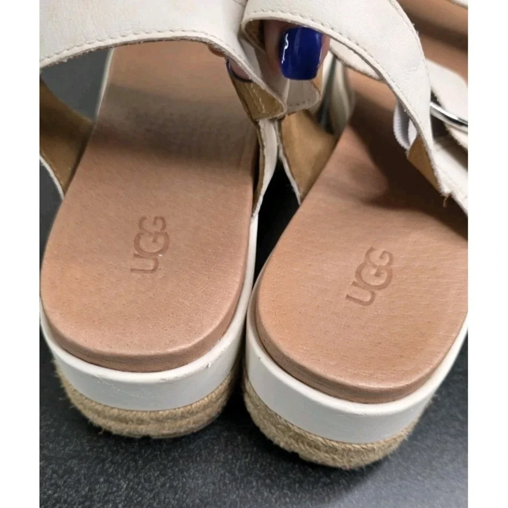 UGG Women 9 White April Espadrille Wedge Platform Buckle Sandals Coastal Cottage